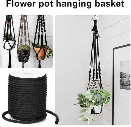 Petluno Macramé Cord 6 mm, 30 m Black Cotton Rope Thick for Crafting, Wall Hangings, Plant Hangers, Knitting, Gardening, Decoration Black 6mm 30m