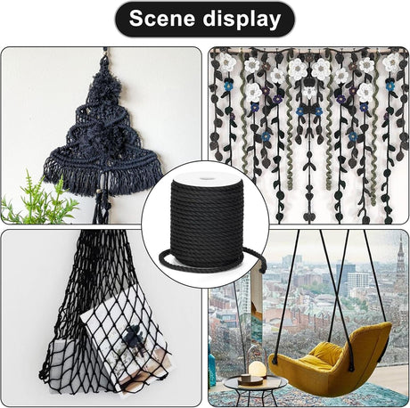 Petluno Macramé Cord 6 mm, 30 m Black Cotton Rope Thick for Crafting, Wall Hangings, Plant Hangers, Knitting, Gardening, Decoration Black 6mm 30m