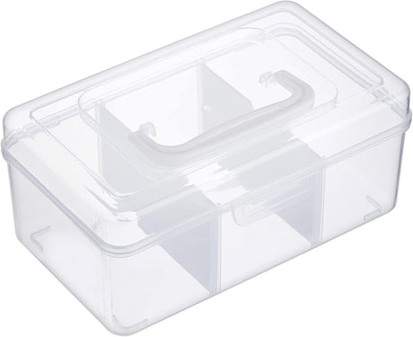 Petluno Clear Stackable Storage Box with Divider Tray, Plastic 3-Compartment Multi-functional Container for Nail Polish, Toys, Crafts, Stationery, Sewing, Fishing Gear Transparent Small