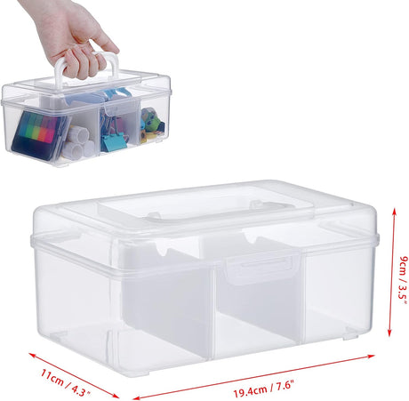 Petluno Clear Stackable Storage Box with Divider Tray, Plastic 3-Compartment Multi-functional Container for Nail Polish, Toys, Crafts, Stationery, Sewing, Fishing Gear Transparent Small