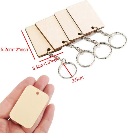 Petluno 100 x Rectangle Unfinished Wooden Planks Pieces of Wood with Holes and Keyrings for Crafting, Labels Pyrography, Wedding Gift, Christmas Decorations, Party Favors Gift