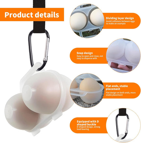 3 pieces egg holders for 2 eggs, egg box, portable egg case with carabiner, egg holder, plastic, transparent, refrigerator, kitchen, outdoor, picnic, camping