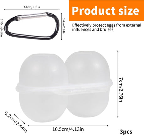 3 pieces egg holders for 2 eggs, egg box, portable egg case with carabiner, egg holder, plastic, transparent, refrigerator, kitchen, outdoor, picnic, camping