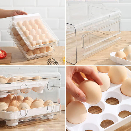 Petluno Egg Container for Fridge, 40 Grid/2 Tier Egg Holder, Fresh Egg Storage Box, Egg Tray and Egg Storage, Clear Plastic