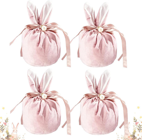 Easter bags with drawstring, 4 pieces of velvet Easter bags, ear-shaped Easter bags, for filling, for candy, cookies, snacks pink