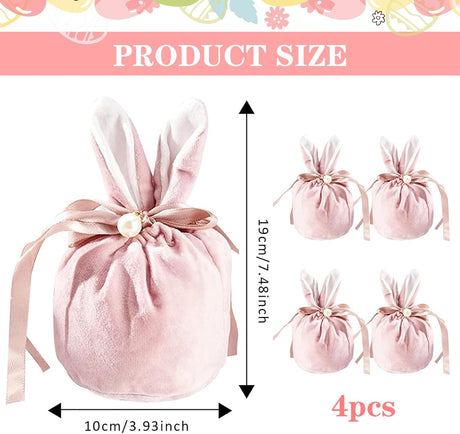 Easter bags with drawstring, 4 pieces of velvet Easter bags, ear-shaped Easter bags, for filling, for candy, cookies, snacks pink