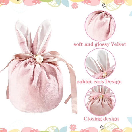 Easter bags with drawstring, 4 pieces of velvet Easter bags, ear-shaped Easter bags, for filling, for candy, cookies, snacks pink