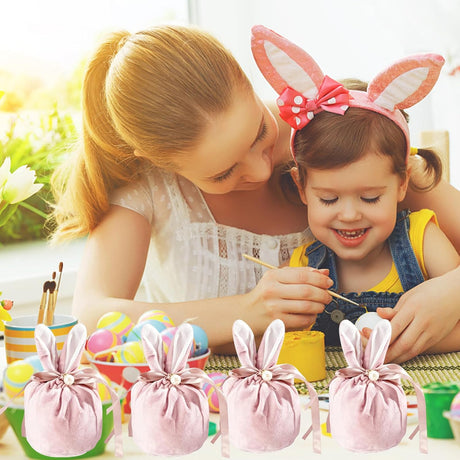 Easter bags with drawstring, 4 pieces of velvet Easter bags, ear-shaped Easter bags, for filling, for candy, cookies, snacks pink