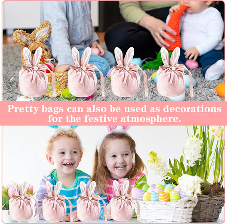 Easter bags with drawstring, 4 pieces of velvet Easter bags, ear-shaped Easter bags, for filling, for candy, cookies, snacks pink