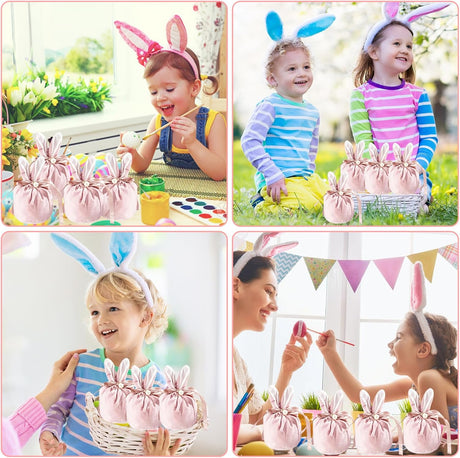 Easter bags with drawstring, 4 pieces of velvet Easter bags, ear-shaped Easter bags, for filling, for candy, cookies, snacks pink