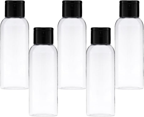 5-piece travel bottle set with flip-cap, 60 ml refillable plastic bottles, empty dispenser for shampoo, travel size, lotion, essential oils, makeup remover, transparent and leak-proof