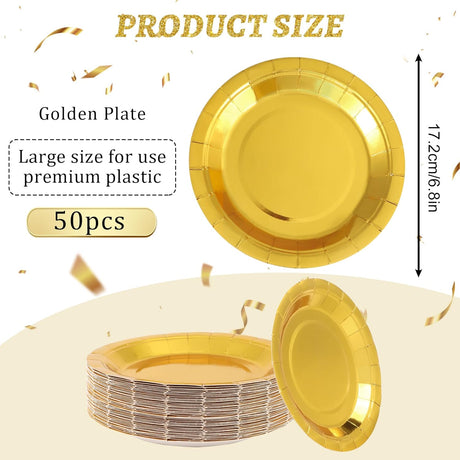 Party plates, dessert plates, 50 pieces, gold foil, plate set, 18 cm, party tableware, set, gold paper plates, birthday, party, tableware