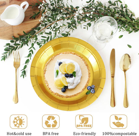 Party plates, dessert plates, 50 pieces, gold foil, plate set, 18 cm, party tableware, set, gold paper plates, birthday, party, tableware