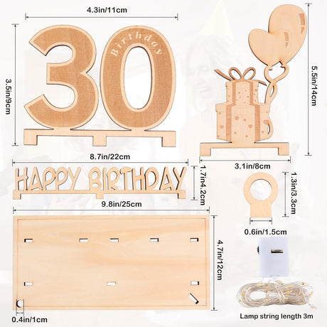 Original 30th birthday money gift wooden anniversary guest book present for men and women with LED light chain, butterfly ribbon wrapping paper 30