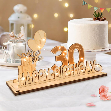 Original 30th birthday money gift wooden anniversary guest book present for men and women with LED light chain, butterfly ribbon wrapping paper 30