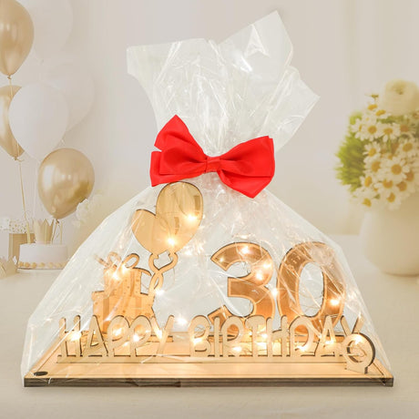 Original 30th birthday money gift wooden anniversary guest book present for men and women with LED light chain, butterfly ribbon wrapping paper 30