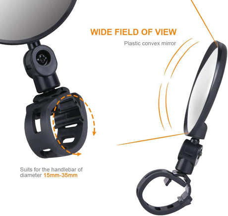 Petluno Bike Mirrors, 2 large angle mirrors 360° rotatable, adjustable, HD-nylon resin bike mirrors, for handlebars 15 to 35 mm, bike accessories for all round bikes