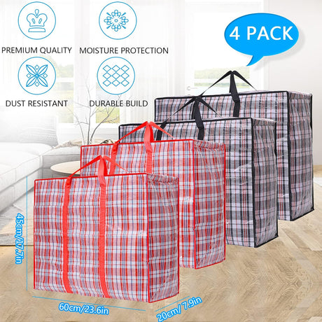 Storage bags, 4 pieces, large reusable moving bags, with zip closure and handles, storage bag, clothing, laundry bag, capacity, multifunctional for duvets