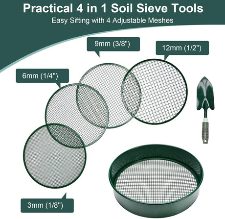 Garden sieve, soil sieve with interchangeable mesh sizes 3, 6, 9 and 12 mm, perfect garden tool for sifting soil, stones and compost.