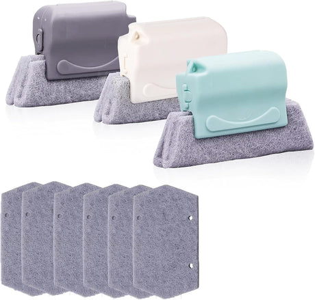 Cleaning brush with slot, 3 cleaning brushes and 6 replacement pads, kitchen cleaning set, for cleaning all corners windows doors, grey, green, cream-coloured