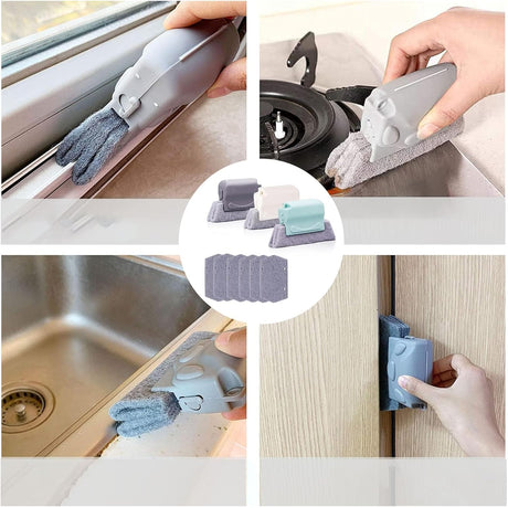 Cleaning brush with slot, 3 cleaning brushes and 6 replacement pads, kitchen cleaning set, for cleaning all corners windows doors, grey, green, cream-coloured