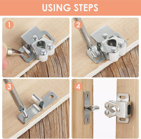 Petluno 6 pack double roller cabinet lock, roller catch hardware for cupboard kitchen cabinet door locks, cabinet door locks and latches with screws, silver