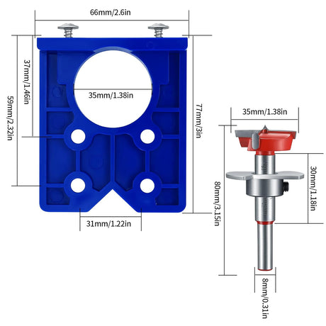 35 mm hinge drill set with hinge hole and hinge template, drill guide, power drill accessory, for concealed hinges, cabinet hinges, mounting plates, woodworking