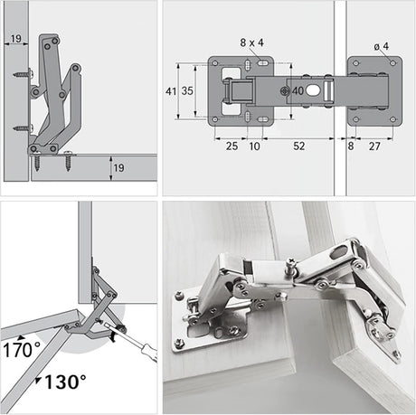 Spring-loaded hinge, 170 degrees, for kitchen cabinets, door hinges, large angle door hinges, angle stop, self-closing hinge, 4 pieces, improved version with buffer damping