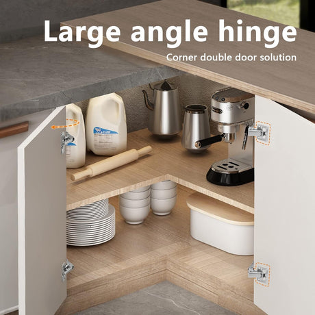 Spring-loaded hinge, 170 degrees, for kitchen cabinets, door hinges, large angle door hinges, angle stop, self-closing hinge, 4 pieces, improved version with buffer damping