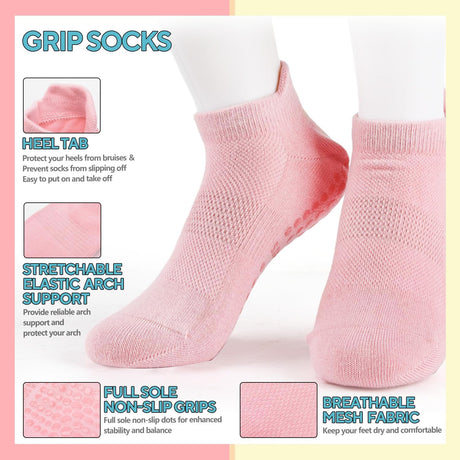 3 Pairs Pilates Grip Socks, Non Slip Yoga Socks for Women, Anti-Skid Grip Socks Breathable Cotton Socks for Yoga, Barre, Dance, Barefoot, Workout, Pregnant, Fitness and Ballet