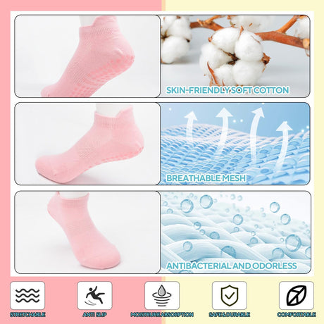 3 Pairs Pilates Grip Socks, Non Slip Yoga Socks for Women, Anti-Skid Grip Socks Breathable Cotton Socks for Yoga, Barre, Dance, Barefoot, Workout, Pregnant, Fitness and Ballet