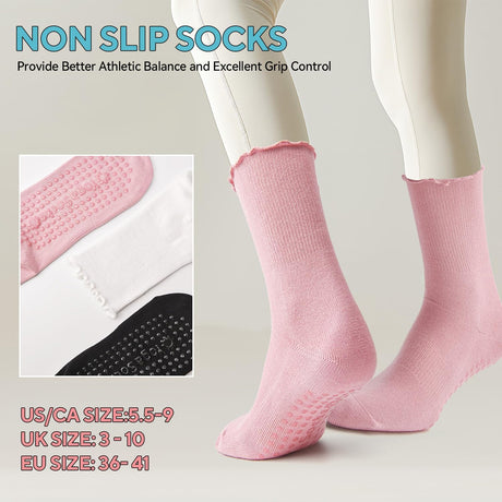 3 Pairs Pilates Grip Socks,Non Slip Ruffle Yoga Socks for Women,Anti-Skid Athletic Breathable Cotton Crew Socks for Yoga,Barre,Dance,Pregnant,Hospital,Fitness and Workout