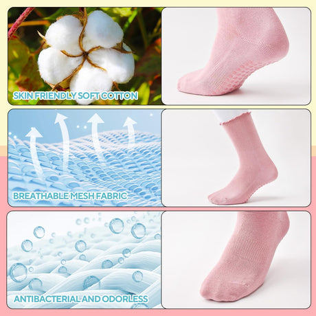 3 Pairs Pilates Grip Socks,Non Slip Ruffle Yoga Socks for Women,Anti-Skid Athletic Breathable Cotton Crew Socks for Yoga,Barre,Dance,Pregnant,Hospital,Fitness and Workout