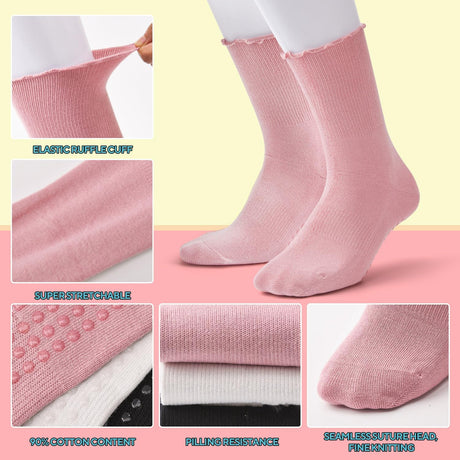 3 Pairs Pilates Grip Socks,Non Slip Ruffle Yoga Socks for Women,Anti-Skid Athletic Breathable Cotton Crew Socks for Yoga,Barre,Dance,Pregnant,Hospital,Fitness and Workout