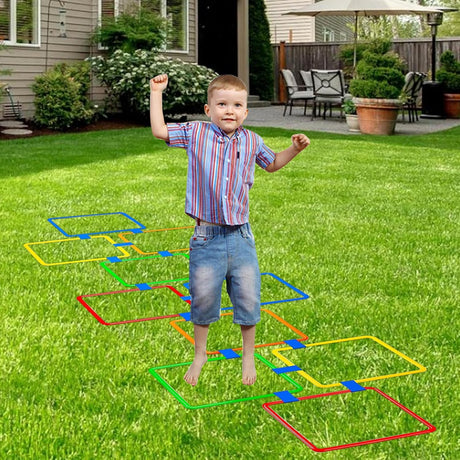 Hopscotch Rings Game, 10Pcs Square Hopscotch Rings 15 Inch Multi-Colored Obstacle Course Fun Play Kids Outdoor Play Equipment Squares, Rug