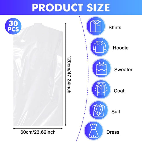 30 Pack Clear Garment Bags, 47.2 Inch Plastic Garment Bags Dustproof, Long Clothes Covers, Waterproof Suit Cover Bag, Moth Proof Coat Bag for Shirts Gowns Dresses