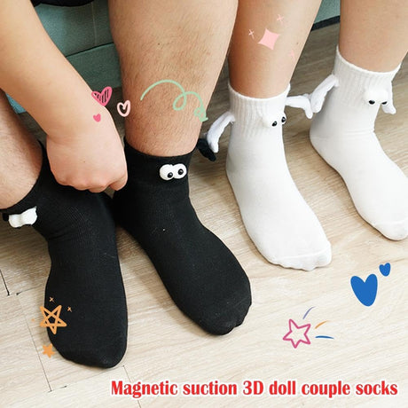 4 Pair Couple Holding Hands Socks,Funny Magnetic Suction 3D Doll Socks,Unisex Mid-Tube Socks,Novelty Socks for Women Men