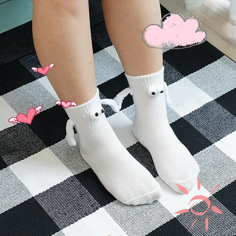 4 Pair Couple Holding Hands Socks,Funny Magnetic Suction 3D Doll Socks,Unisex Mid-Tube Socks,Novelty Socks for Women Men