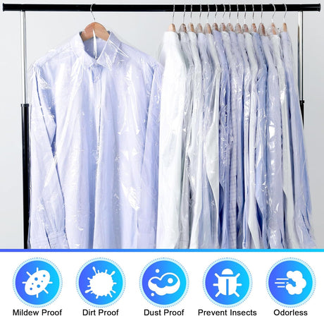 30 Pack Clear Garment Bags, 23.6 x 59.1 Inch Plastic Garment Bags Dustproof, Long Clothes Covers, Waterproof Suit Cover Bag, Moth Proof Coat Bag for Shirts Gowns Dresses