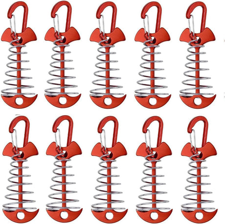 10 Pcs Fishbone Tent Stakes with Carabiners ， Aluminum Alloy & Stainless Steel Windproof Anchors with Carabiners， Deck Spring Tensioner for Camping Canopy, Hiking Gear，Essential for Mountain Climbing