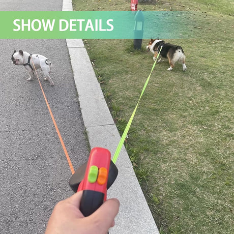 Double Head 10 ft Retractable Dog Leash with Integrated Waste Bag Dispenser Flashlight 360°Tangle Free Anti-Slip Handle Reflective Nylon Tape One Button Brake(Small Medium Dog Up to 15 kg,Red)