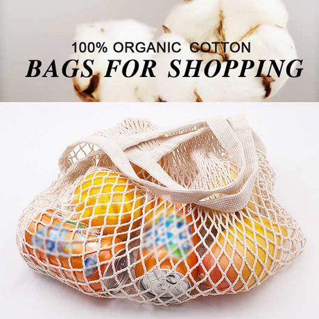 100% Cotton Reusable Mesh Shopping Bags (Long + Short) for Groceries, Vegetables, Fruits, and Beach Essentials in Natural Beige