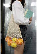 100% Cotton Reusable Mesh Shopping Bags (Long + Short) for Groceries, Vegetables, Fruits, and Beach Essentials in Natural Beige