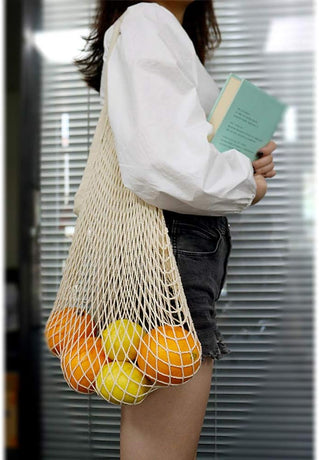100% Cotton Reusable Mesh Shopping Bags (Long + Short) for Groceries, Vegetables, Fruits, and Beach Essentials in Natural Beige