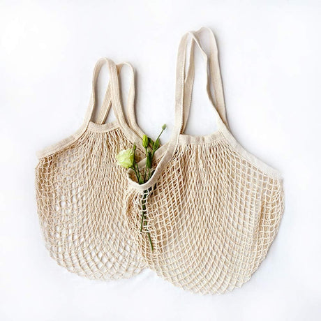 100% Cotton Reusable Mesh Shopping Bags (Long + Short) for Groceries, Vegetables, Fruits, and Beach Essentials in Natural Beige