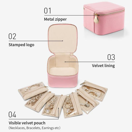 Trendy Jewelry Box with Portable Travel Pouches for Earrings Rings Necklaces - Airtight Seal Smart Compartment System Travel-Safe Lock Compact Lightweight 360° Shockproof Design