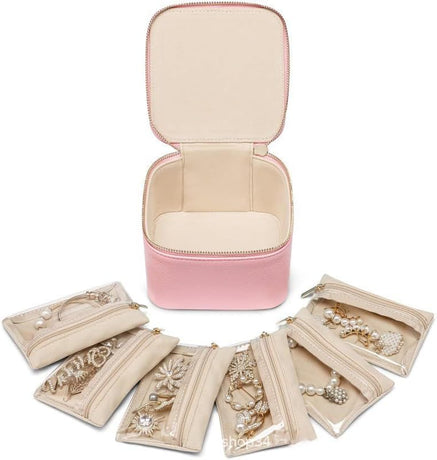 Trendy Jewelry Box with Portable Travel Pouches for Earrings Rings Necklaces - Airtight Seal Smart Compartment System Travel-Safe Lock Compact Lightweight 360° Shockproof Design