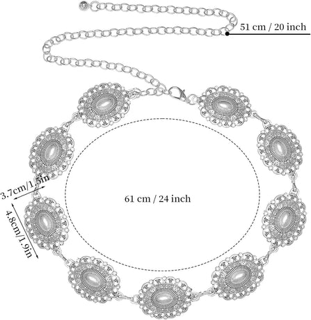 Western Oval Concho Chain Belt for Women Metal Waist Chain Belt for Dresses Jeans Western Cowgirl