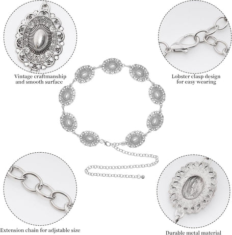 Western Oval Concho Chain Belt for Women Metal Waist Chain Belt for Dresses Jeans Western Cowgirl