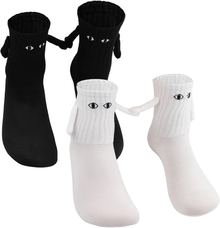 2 Pairs Hand In Hand Socks, Funny Magnetic Socks, Couple Holding Hands Socks, Friendship Socks, Novelty Socks for Women Men,Cute Socks with Eyes (White+Black)